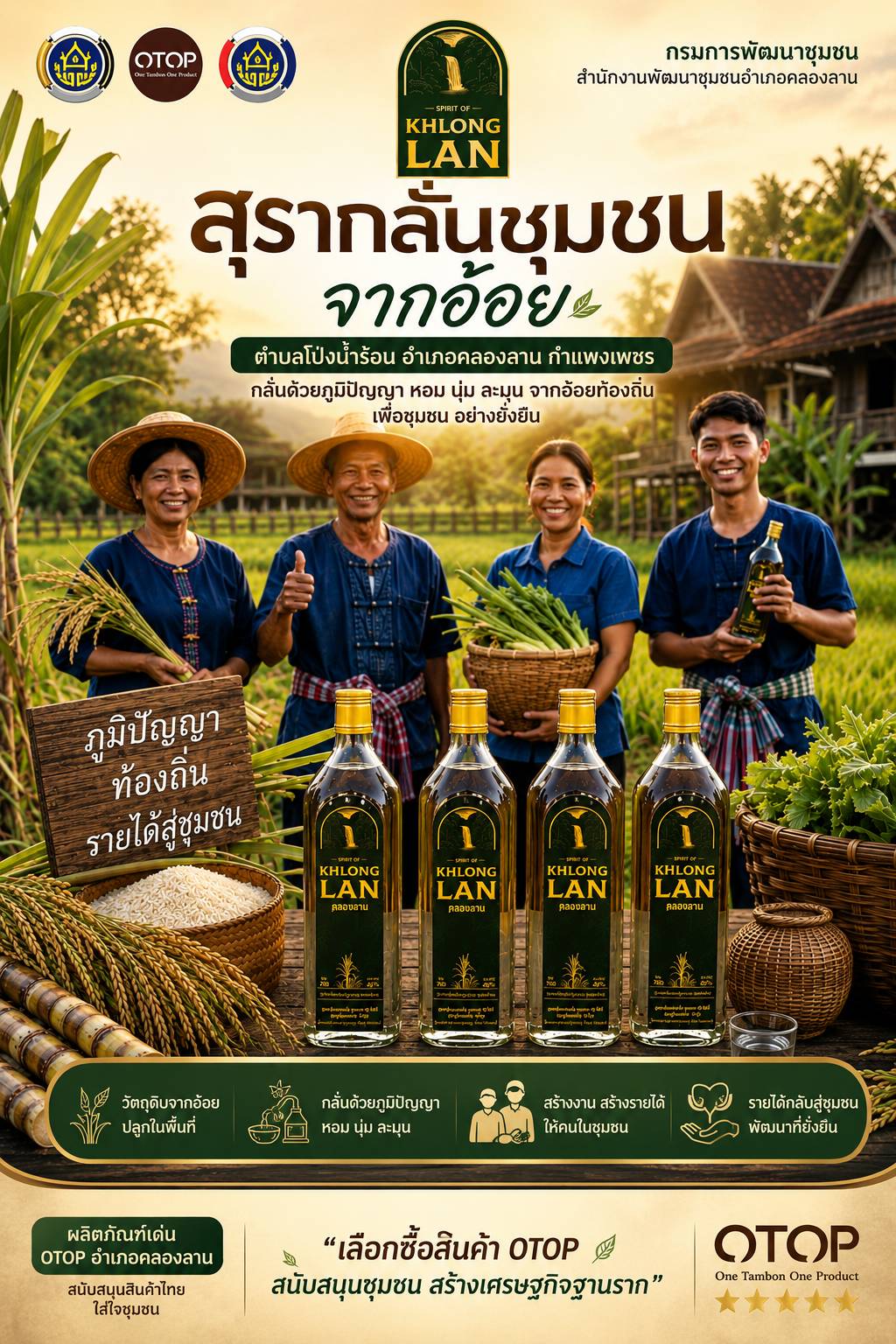 “สุรากลั่นชุมชน จากอ้อย” คลองลาน ภูมิปัญญาท้องถิ่น สู่ผลิตภัณฑ์ OTOP สร้างรายได้ให้ชุมชน จากวัตถุดิบท้องถิ่นคุณภาพ สู่การแปรรูปด้วยภูมิปัญญาของคนในชุมชนตำบลโป่งน้ำร้อน อำเภอคลองลาน จังหวัดกำแพงเพชร